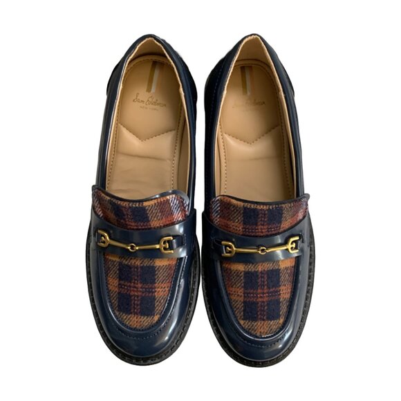 NWT SAM EDELMAN Kids Baltic Navy & Rust Tully Lug Sole Plaid Loafers Sz 4 - Picture 2 of 6
